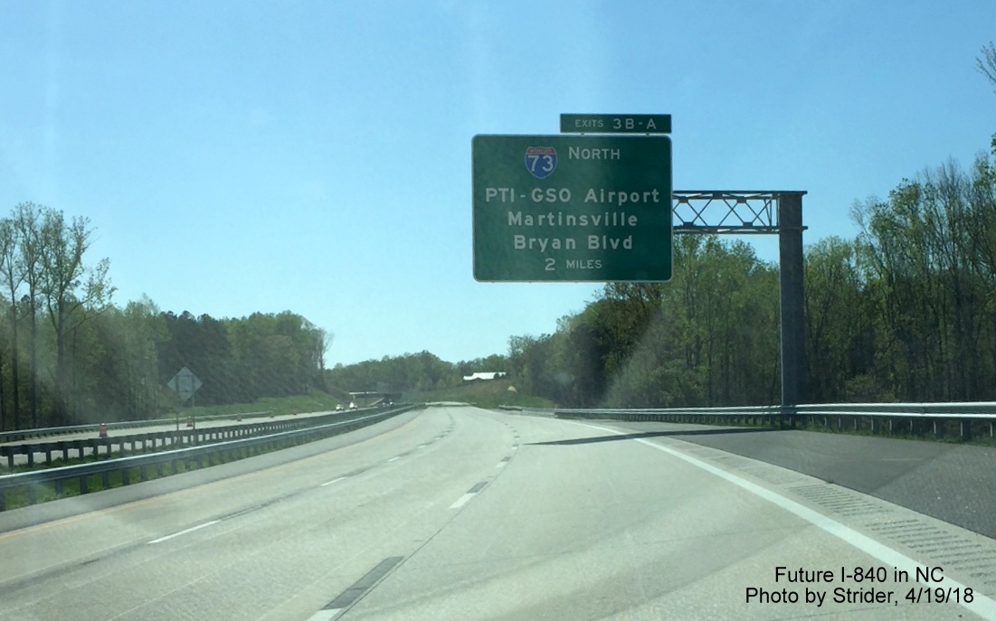 Image of 2-mile overhead advance sign for I-73 North/Bryan Blvd exit on newly opened section of I-840 West/Greensboro Urban Loop, by Strider