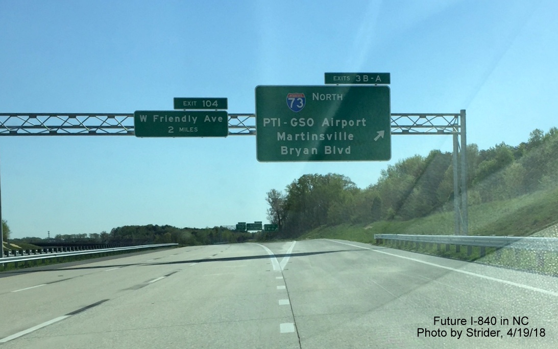 Image of overhead signs at I-73/Bryan Blvd exit on newly opened section of I-840 West/Greensboro Urban Loop, by Strider