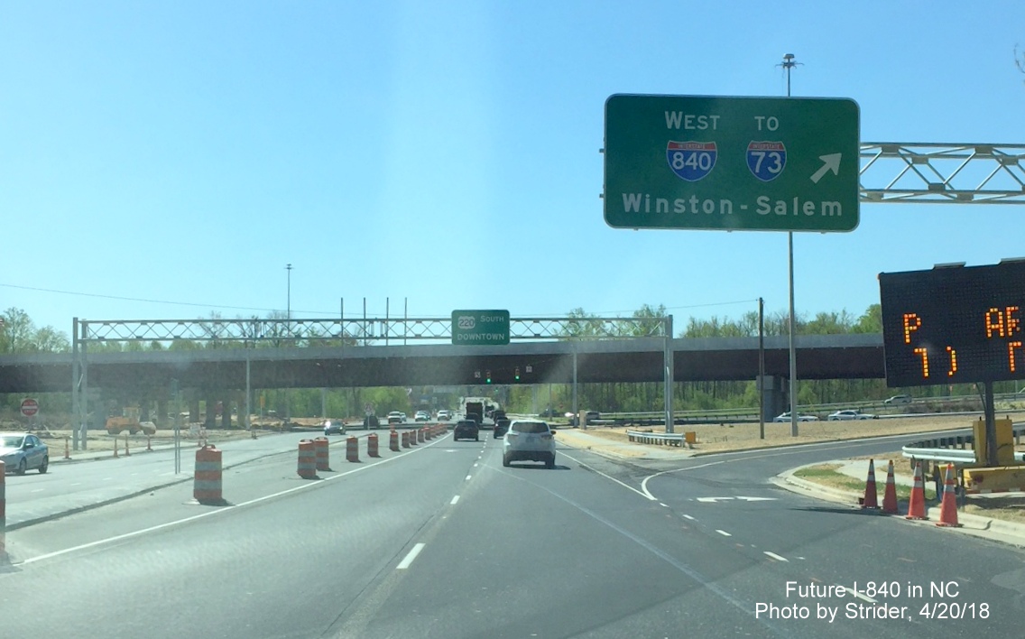 Image of overhead guide signage on US 220 South at newly opened ramp to I-840 West/Greensboro Urban Loop, by Strider