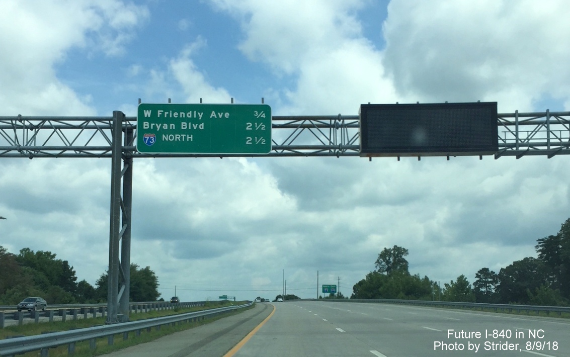 Image of newly placed exit distance sign on I-73 North/I-840 East Greensboro Loop after I-40 exit, by Strider