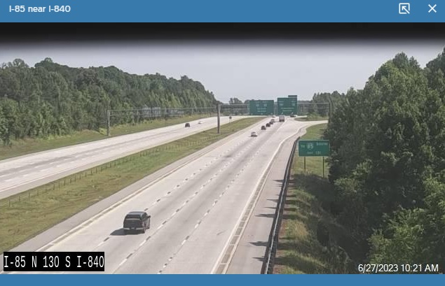NCDOT traffic camera image showing no update of signage to include I-840 as of June 27 on I-85 North approaching the I-40/I-785/I-840 interchange, April 2023
