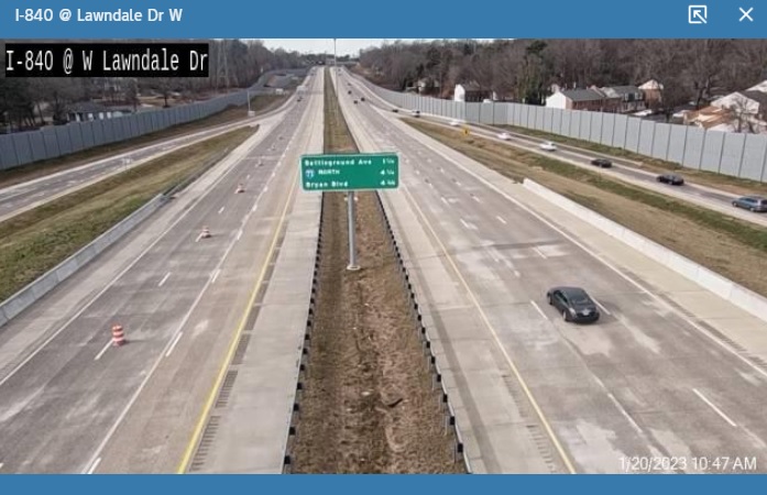 NCDOT traffic camera image showing I-840 East lanes being restriped for upcoming opening of segment from North Elm Street to US 29, January 2023