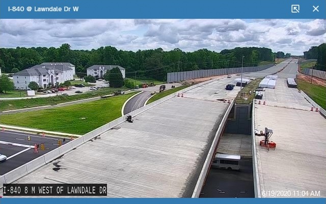 NCDOT traffic camera image showing progress completing next segment of Greensboro Urban Loop east of Lawndale Drive, June 19, 2020