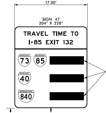 NCDOT sign plan of travel time sign to be placed on I-85 South after completion of Greensboro Loop