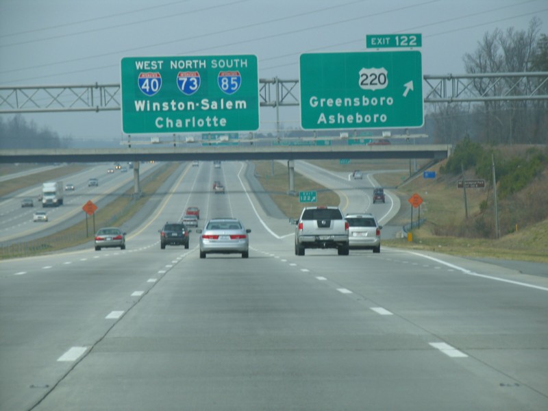 Image taken of overhead exit signage at US 220 exit on Greensboro Loop then signed as I-85/I-40 in 2008, by Adam Prince