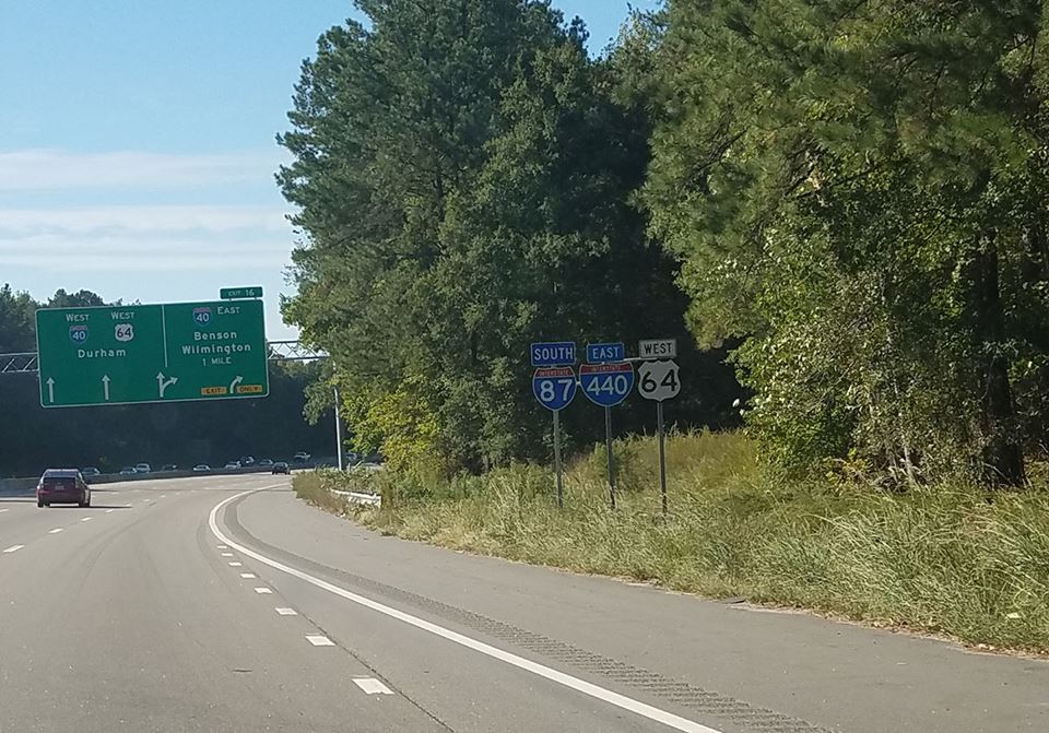 Image of new I-87 South reassurance marker placed prior to I-40 exit in I-440 East in Raleigh, by Adam Prince