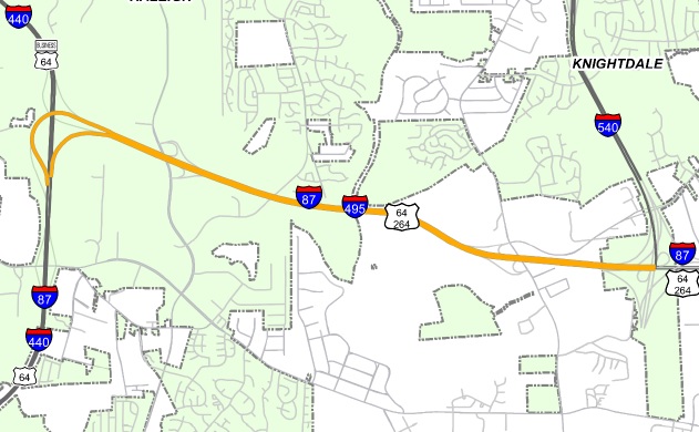 Section of map showing I-87 routing in Raleigh area taken from NCDOT application to AASHTO in May 2017