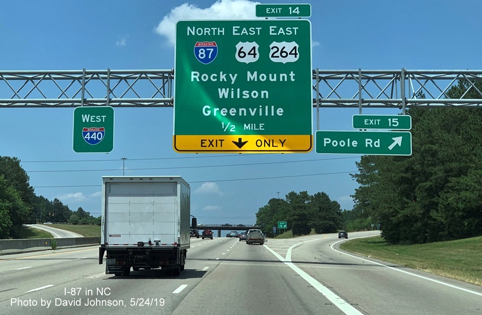 Image of new I-87 shield on 1/2 mile overhead advance sign for Knightdale Bypass on I-87 North/I-440 West, by David Johnson