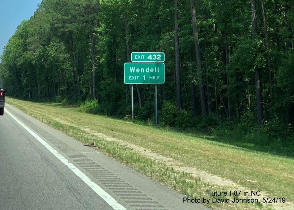 Image of 1 mile advance sign for Wendell on US 64/264 East along route of Future I-87 North, by David Johnson