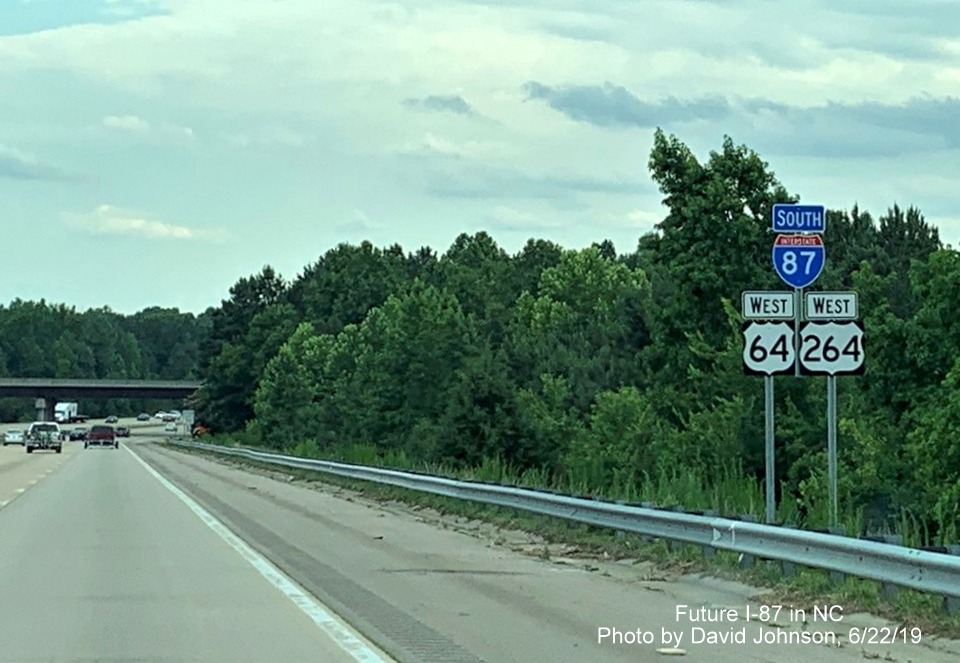 Image of new reassurance marker assembly for South I-87, West US 64/264 after Business US 64 exit in Wendell