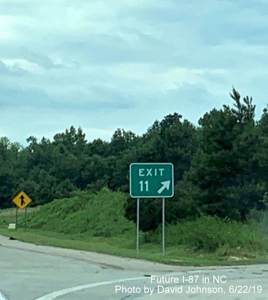 Image of new I-87 exit number gore sign for Wendell Falls Parkway exit on I-87 South, US 64/264 West in Wendell, by David Johnson