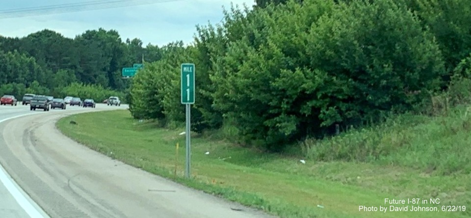 Image of new I-87 mile marker without an I-87 shield near Wendell Falls Parkway exit on I-87 South, US 64/264 West in Wendell, by David Johnson