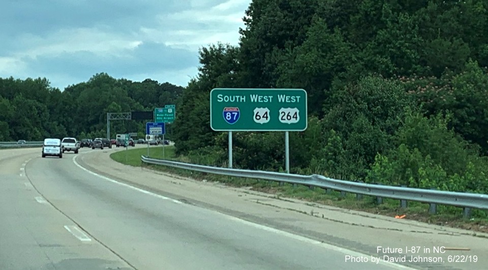 Image of revised reassurance marker sign for I-87 South, US 64/264 West after Smithfield Road exit in Knightdale, by David Johnson