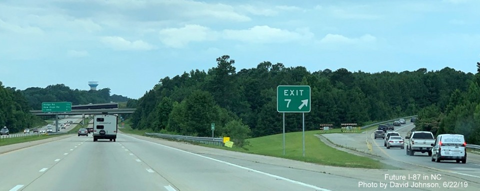 Image of new I-87 exit number gore sign at ramp to I-540 on I-87 South, US 64/264 West in Knightdale, by David Johnson