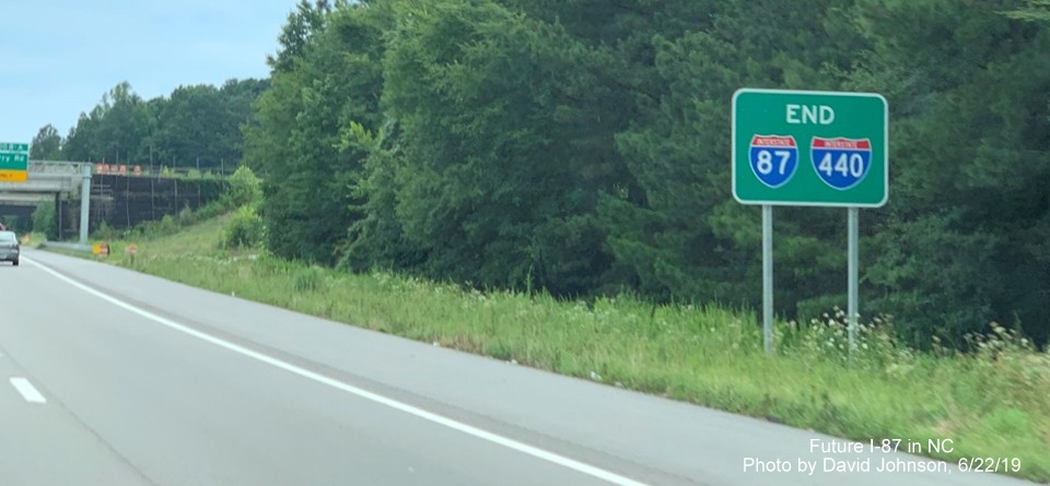 Image of new End I-87 I-440 trailblazer sign approaching I-40 exit on Raleigh Beltline, by David Johnson