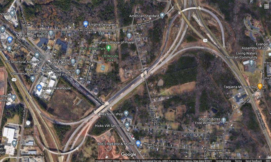 Image taken from Google Maps with satellite image of East End Connector part of I-885 taken around July 2020
