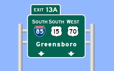 Sign Maker image of South I-85/US 15, West US 70 exit sign on future I-885 North/US 70 West in Durham