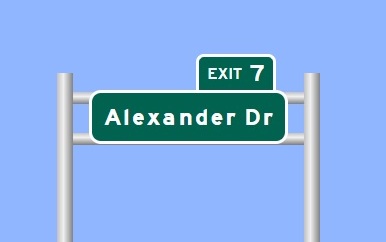 Sign Maker image of Alexander Drive exit sign on future I-885 Durham Freeway