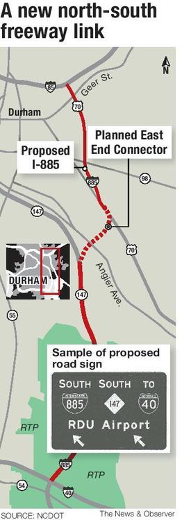 Map of proposed I-885 route in Durham, NC courtesy of Raleigh News & Observer