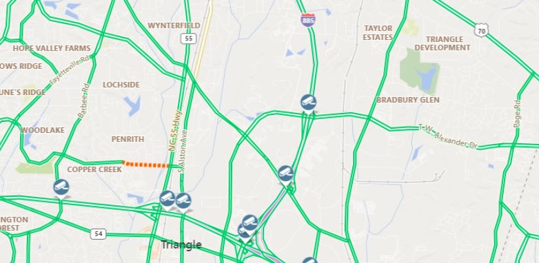 Image of NCDOT traffic maps showing I-885 shield on Durham Freeway on May 11, prior to opening of East End Connector