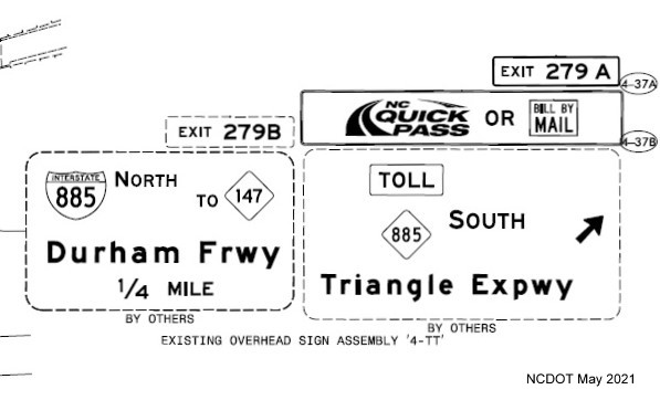 Image of plan for signs at ramp to Toll NC 885 on I-40 East in Durham, NCDOT, May 2021