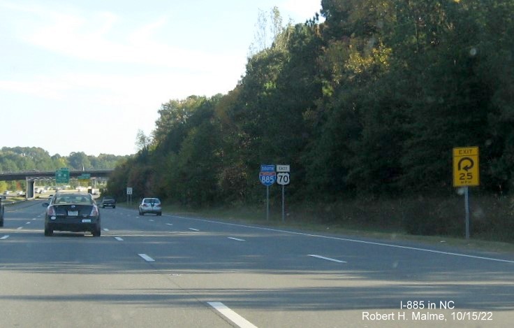 Image of first South I-885/East US 70 East reassurance marker after I-85 exit in Durham, October 2022