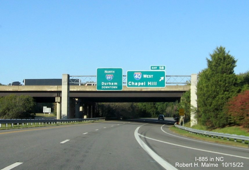 Image of North I-885 pull through sign at I-40 West exit in Research Triangle Park, October 2022
