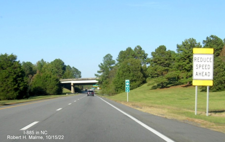 Image of last NC 885 mile marker prior to I-40 bridges in Research Triangle Park, October 2022