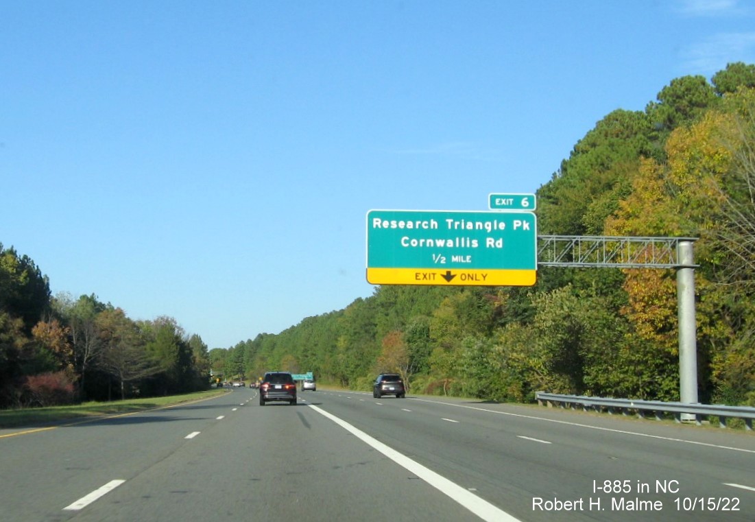 Image of 1/2 Mile advance sign for Cornwallis Road exit on I-885 North in Research Triangle Park, October 2022