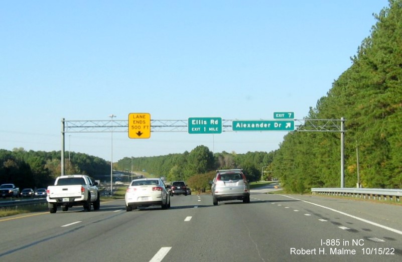 Image of overhead signage at Alexander Drive exit on I-885 North in Research Triangle Park, October 2022