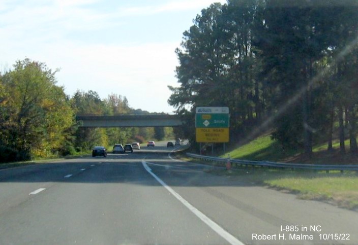 Image of Toll Road 1/2 mile advisory sign on South I-885/Durham Freeway, October 2022