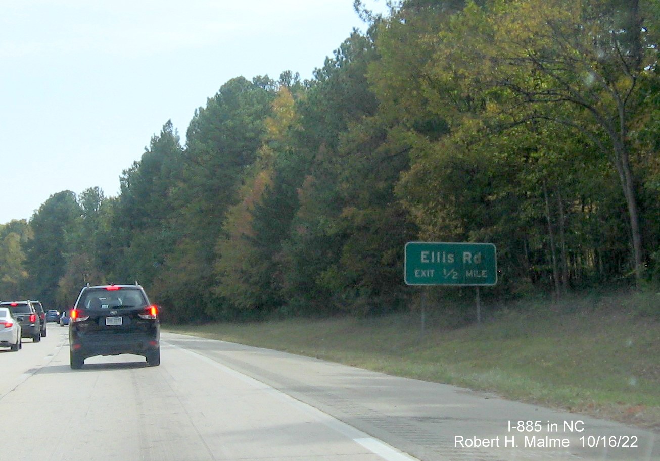Image of 1/2 mile advance sign for the Ellis Road exit on South I-885/Durham Freeway, October 2022