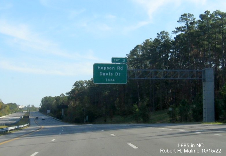 Image of the 1 mile advance sign for Hopson Road/Davis Drive exit on NC 885 South/Triangle Expressway in Research Triangle Park, October 2022