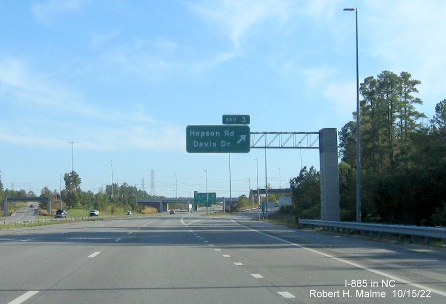 Image of the overhead ramp sign for Hopson Road/Davis Drive exit on NC 885 South/Triangle Expressway in Research Triangle Park, October 2022