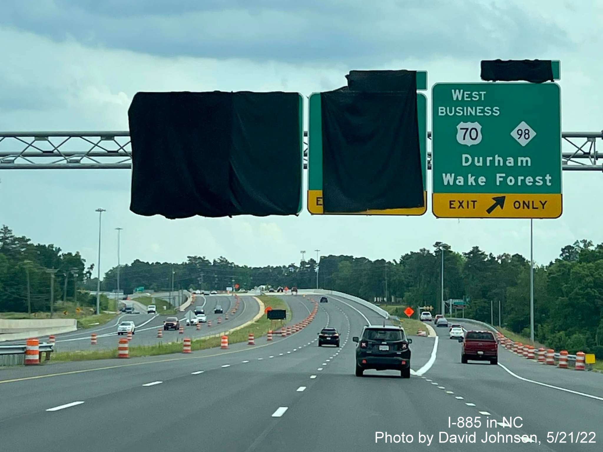 Image of covered over I-885 milepost exit tab for Business US 70/NC 98 exit on US 70 East in Durham, by David Johnson, May 2022