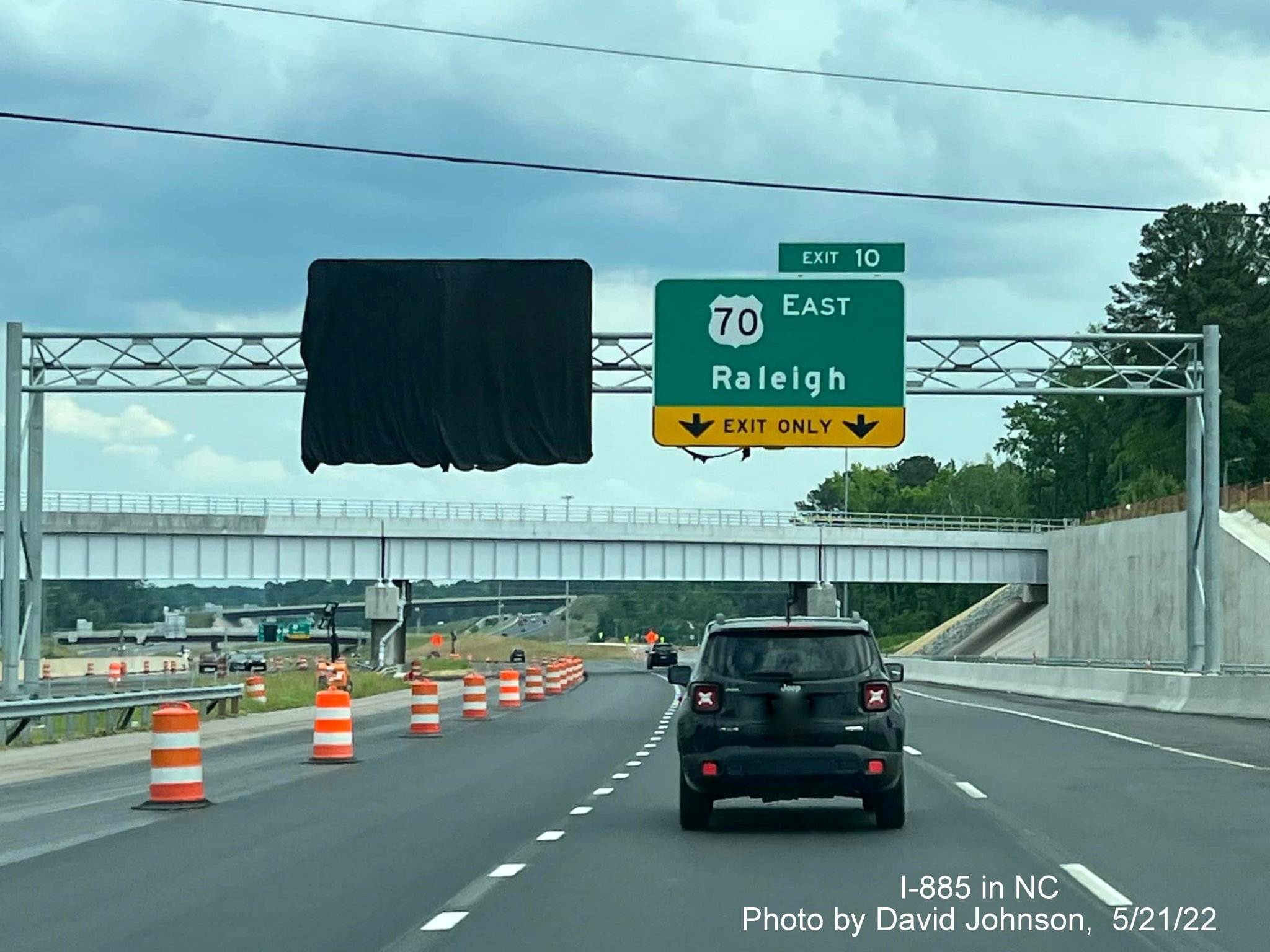Image of overhead sign for US 70 East exit on Future I-885 South in Durham, by David Johnson, May 2022