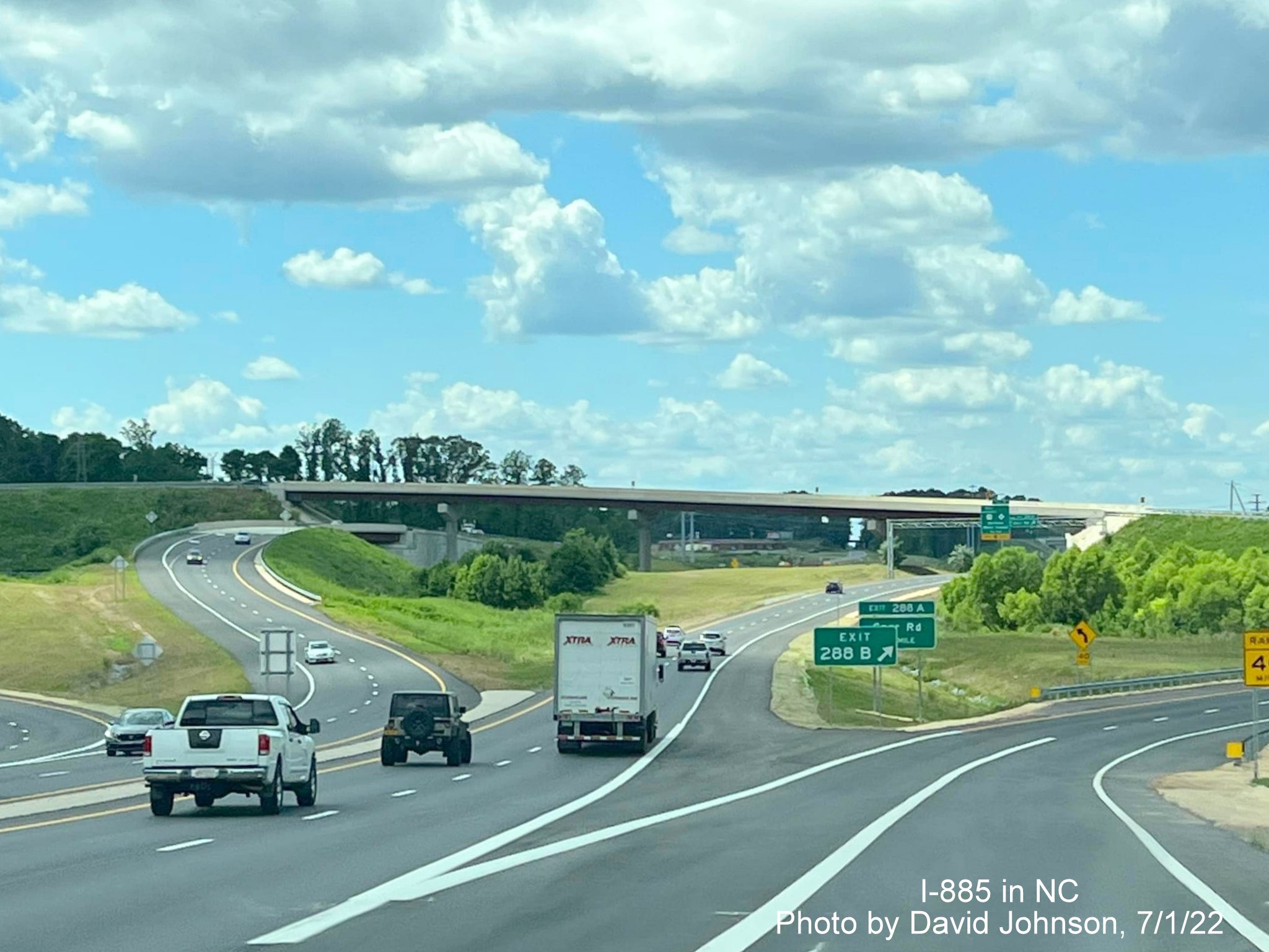 Image of driving onto newly opened I-885 East End Connector exit from US 70 West in Durham, by David Johnson July 2022