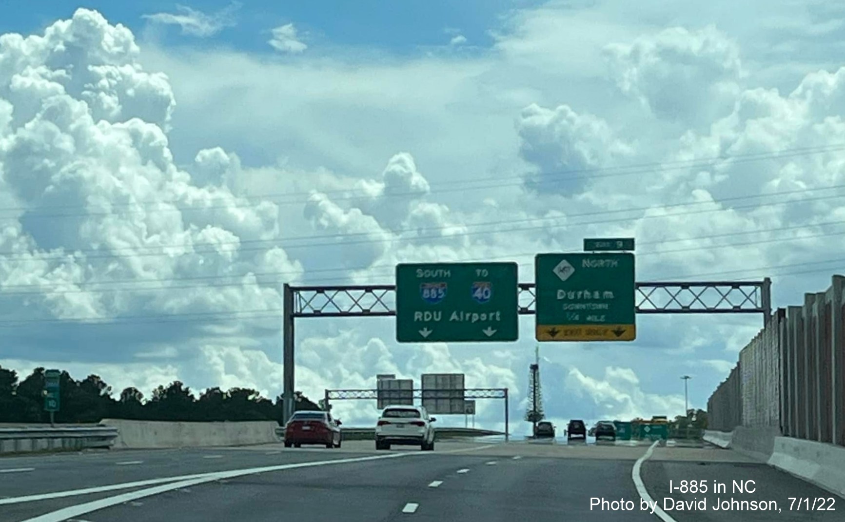 Image of merged US 70 East and I-885 South ramps on East End Connector in Durham, by David Johnson July 2022