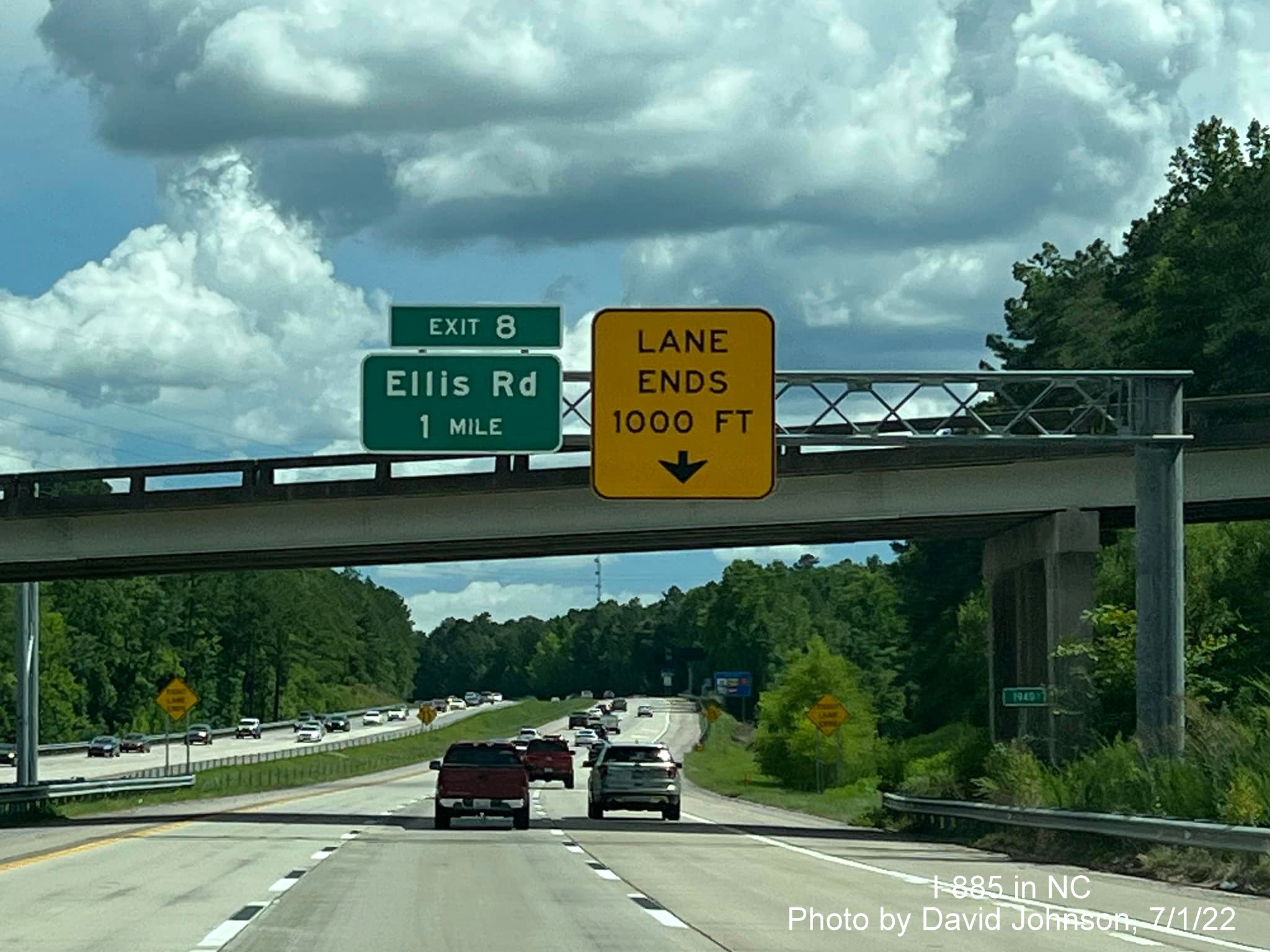 Image of overhead sign for Ellis Road exit on I-885 South/Durham Freeway, by David Johnson July 2022