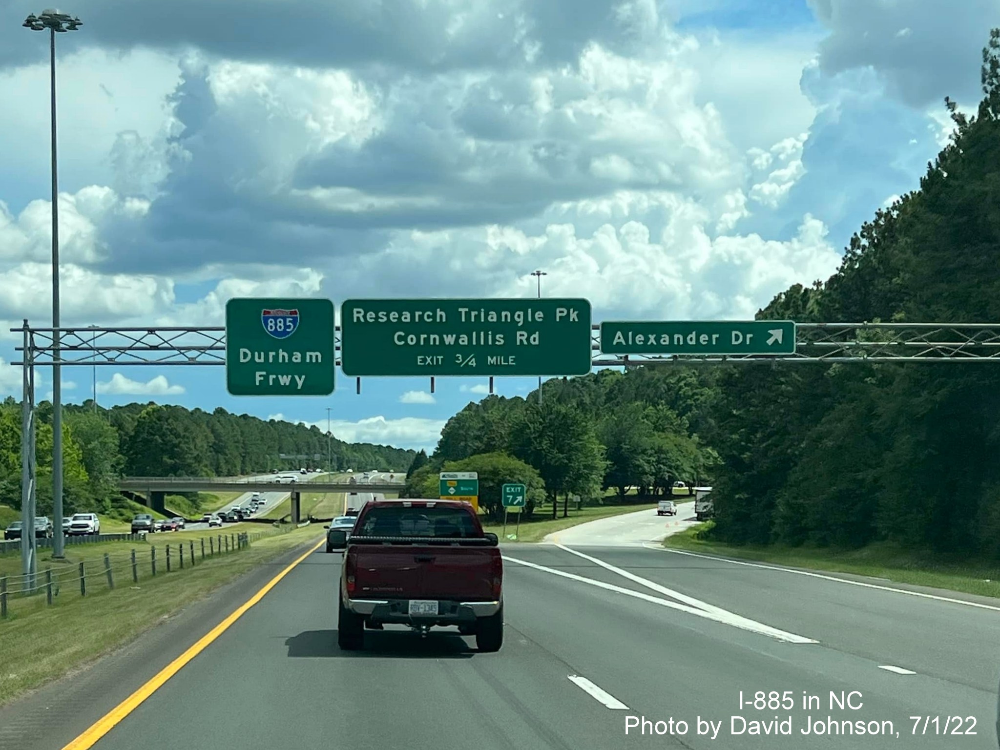 Image of I-885 pull through sign at Alexander Drive exit on Durham Freeway south in Durham, by David Johnson July 2022