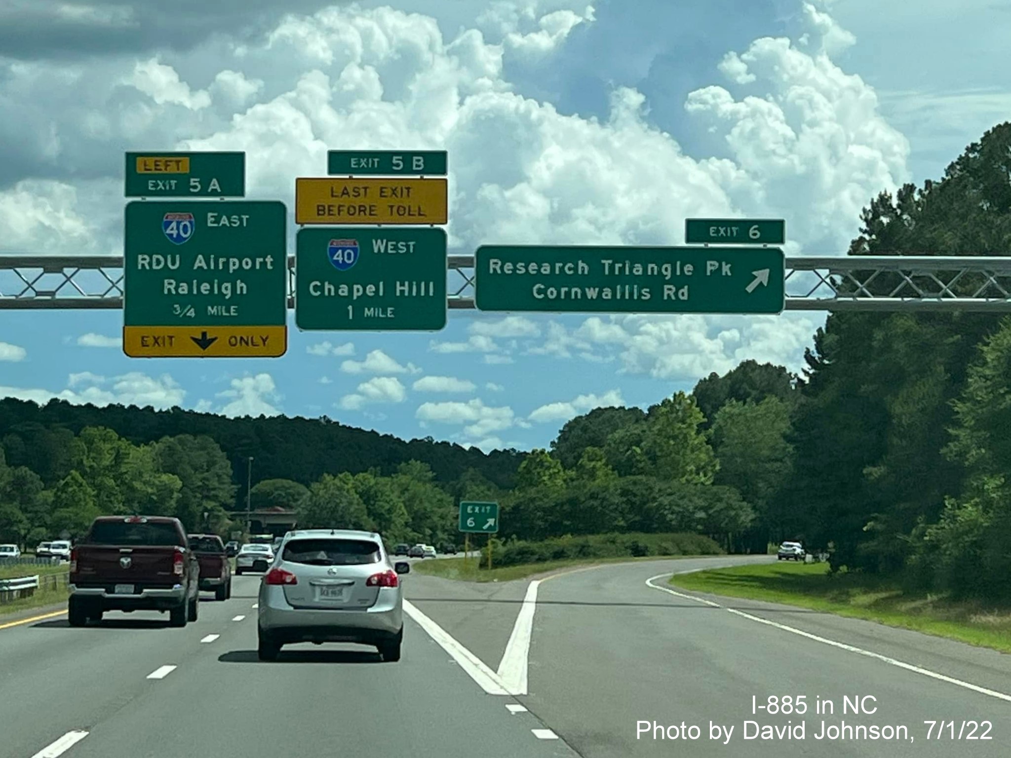 Image of I-40 1 mile advance sign at Cornwallis Road exit on Durham Freeway south in Durham, by David Johnson July 2022
