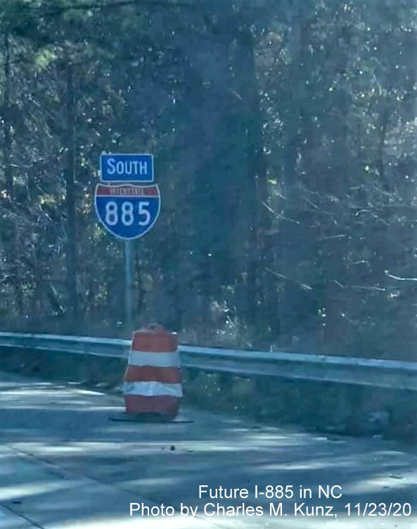 Image of South I-885 reassurance marker on Durham Freeway prior to Ellis Road exit, taken by Charles M. Kunz, Nov. 23, 2020