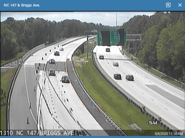NCDOT traffic camera image showing final lane configuration along NC 147 North of future I-885/East End Connector interchange, June 6, 2020