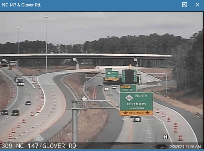 NCDOT traffic camera image of future I-885/NC 147 interchange in Durham, February 2021