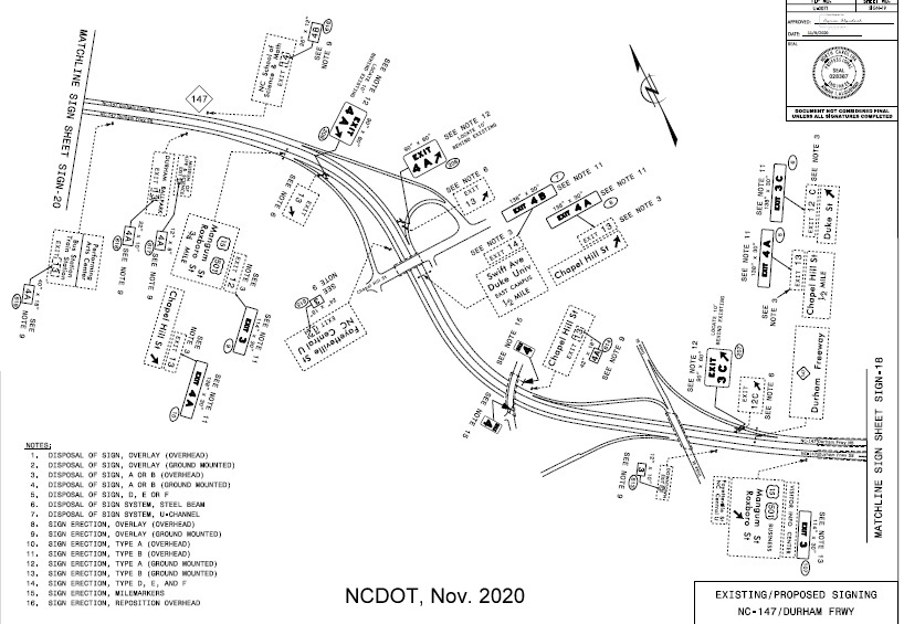 NCDOT plan of revised exit numbers for NC 147 in downtown Durham area, November 2020