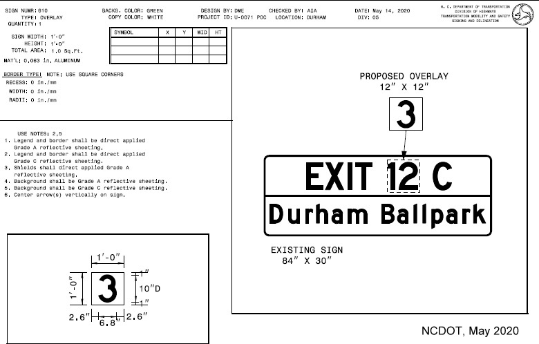 Image of new exit number overlay sign plan for Durham Bulls ballpark on NC 147 North after future truncation to I-885 interchange, NCDOT May 2020