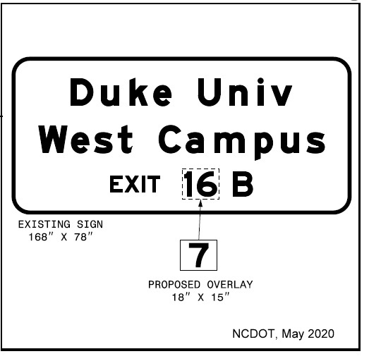 Image of sign plan for Duke University auxiliary plan with future new exit number for NC 147 Durham Freeway, NCDOT May 2020