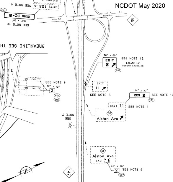 Image of plans for new exit number signage along NC 147 in vicinity of NC 55 after future truncation at I-885 interchange, NCDOT May 2020
