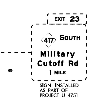 Image of plan for 1 Mile advance sign for new NC 417 South/Military Cutoff Road extension opened in September 2023