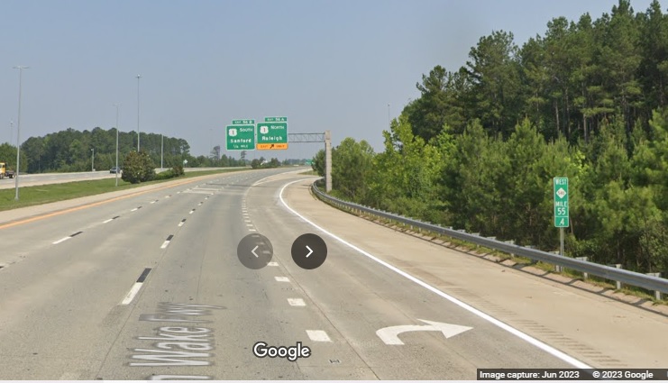 Newly change mile marker now reading West NC 540 along Triangle Expressway before US 1 exit, Google Maps Street View image, June 2023